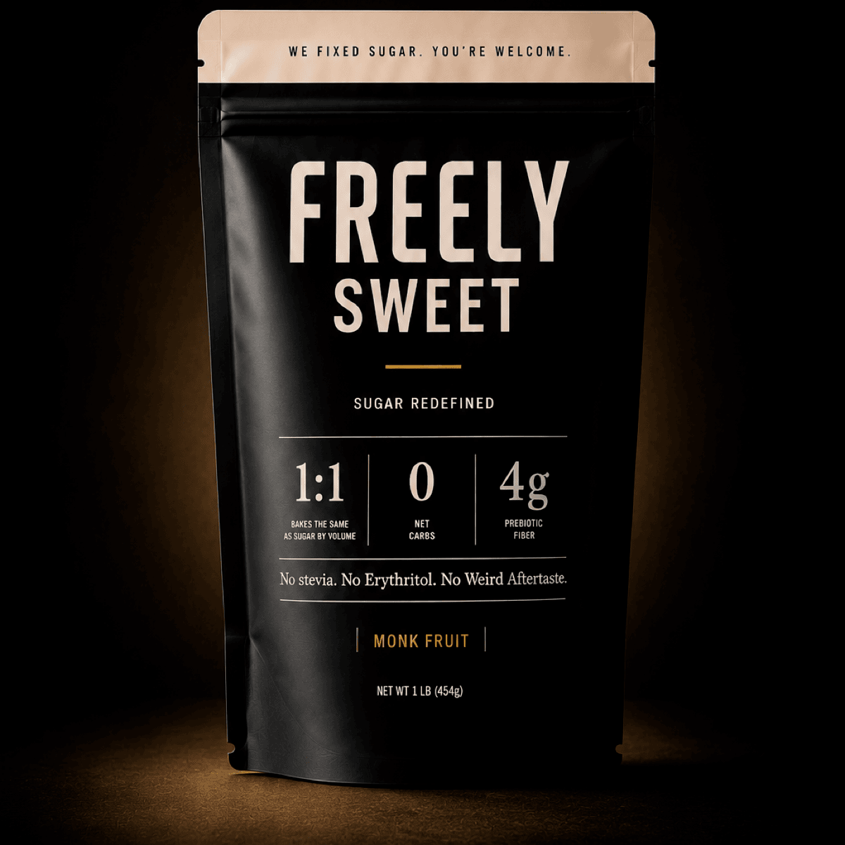 A 1 lb white-and-yellow Freely Sweet pouch standing upright on a white kitchen counter, label facing forward