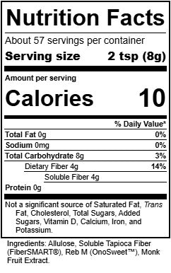 Freely Sweet Nutrition Facts: 10 calories, 4g carbohydrate, 4g dietary fiber per 2 tsp serving