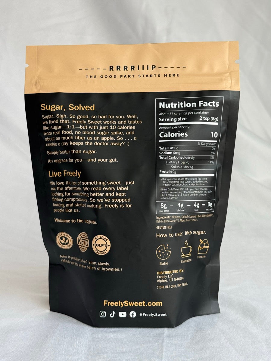 Back of the Freely Sweet pouch with nutrition facts and ingredients